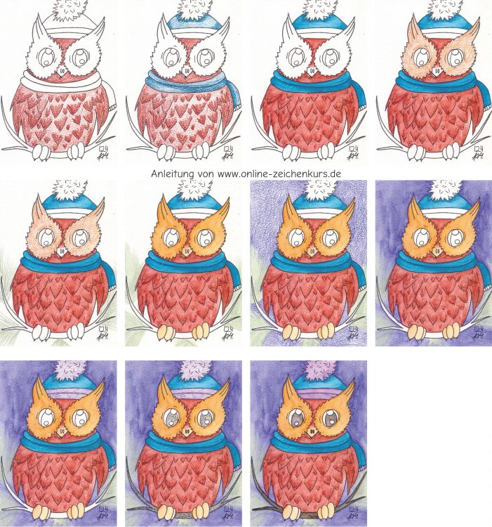 Postkarte Uhu mit Aquarellbuntstiften