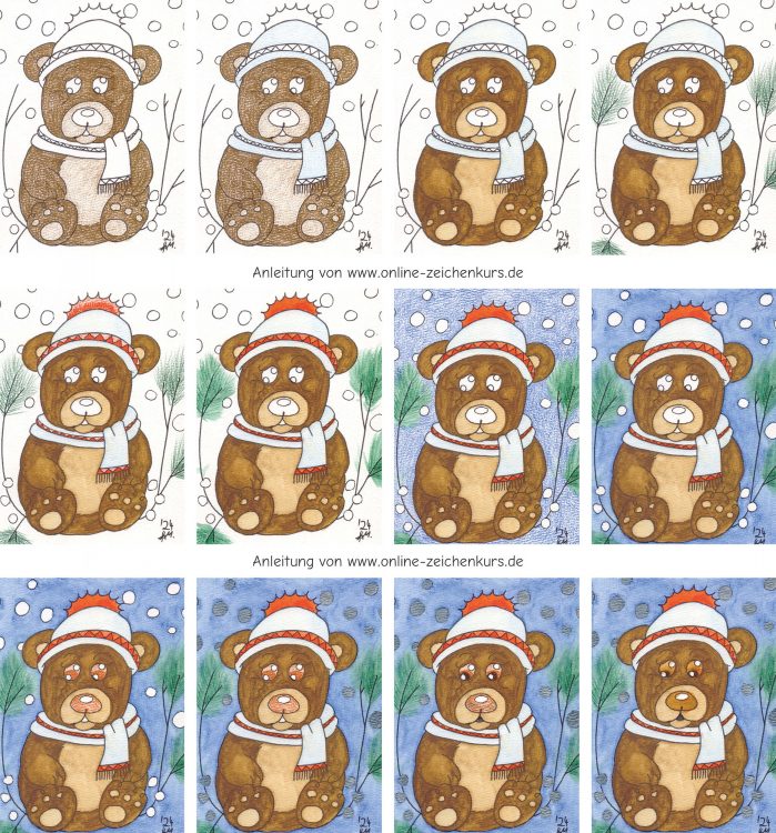 Postkarte Bärchen mit Kulleraugen mit Aquarellbuntstiften