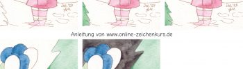 Schritt-für-Schritt-Zeichenanleitung in fünf Bildern: Ein Mädchen mit Ballons wird von Konturen bis zur fertigen Aquarellkolorierung entwickelt.
