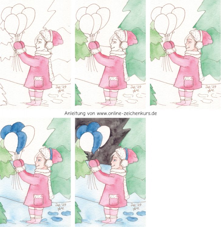 Neujahrsgruß Postkarte: Mädchen & Ballons mit Aquarellbuntstiften