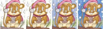 Schritt-für-Schritt-Zeichenanleitung für eine Weihnachtsmaus mit Zipfelmütze und Keks, ideal für Kinder und Anfänger. Zeigt die Maus von den Konturen bis zur fertigen Kolorierung.