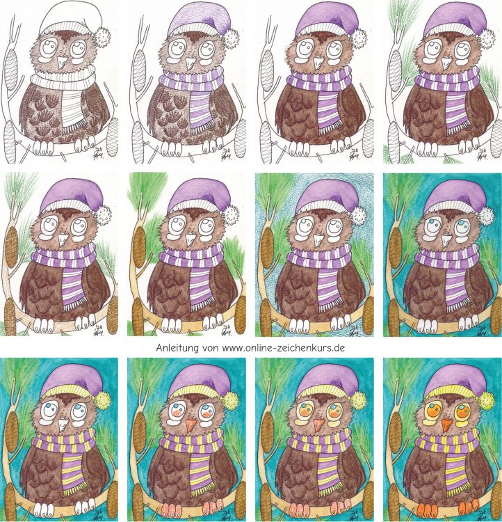 Postkarte Eule & Tannenzapfen mit Aquarellbuntstiften