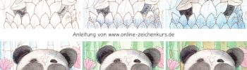 Schritt-für-Schritt-Anleitung zur Zeichnung und Kolorierung eines meditierenden Panda-Buddhas auf einer Lotusblüte, mit Bambus im Hintergrund.