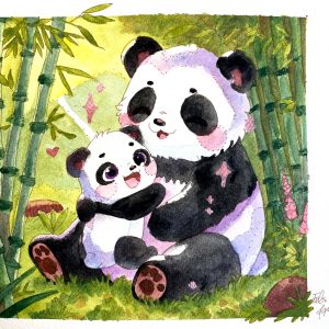 Fertig koloriertes Aquarellbild eines Pandababys mit seiner Mama, umgeben von einem Bambuswald.