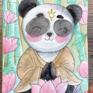 Postkarte Februar '25: Panda Buddha - fertiges Aquarell mit Goldglanz
