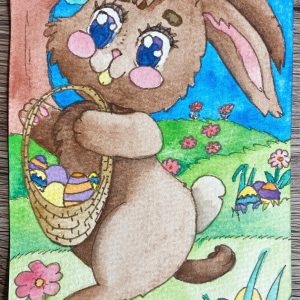 Fertig kolorierte Osterhasen-Postkarte mit einem Häschen, das einen Korb voller Ostereier trägt.