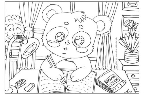 Niedliches Panda-Ausmalbild: Panda macht konzentriert Hausaufgaben an seinem Schreibtisch, umgeben von Büchern und Pflanzen.