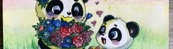 Koloriertes Muttertagsbild mit Pandamama und Kind frontal fotografiert – klare Sicht auf Blumen und Geschenk