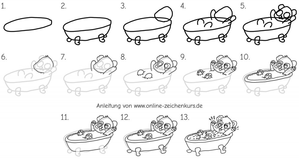 Zeichentutorial, das zeigt, wie man einen Panda in einer Badewanne zeichnet, der mit Schaum und fröhlichem Gesichtsausdruck planscht; Schritt-für-Schritt-Anleitung mit liebevollen Details.