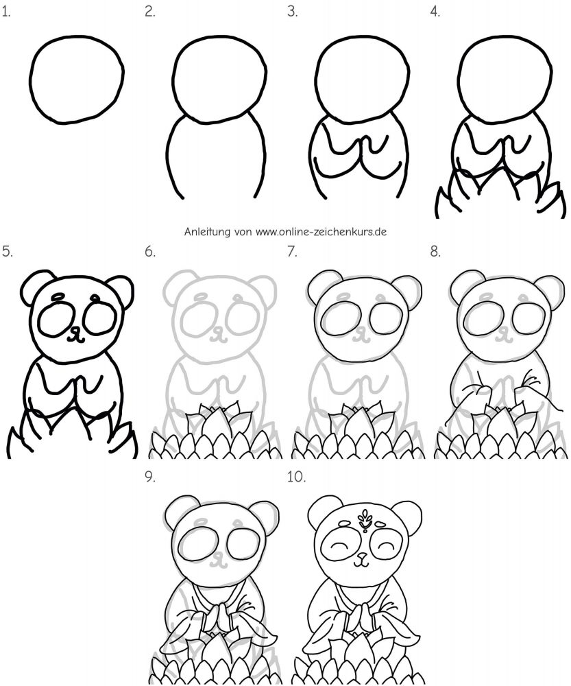 Zeichentutorial, das zeigt, wie man einen Panda in Buddha-Pose auf einer Lotusblüte zeichnet, mit gefalteten Pfoten, Umhang und friedlichem Gesichtsausdruck.
