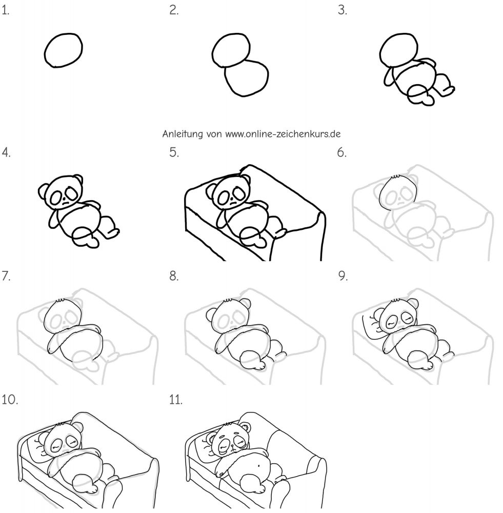 Zeichentutorial, das zeigt, wie man einen Panda zeichnet, der entspannt und friedlich auf einem Sofa schläft; Schritt-für-Schritt-Anleitung mit Kissen, Decke und liebevollen Details.