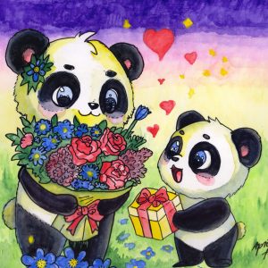 Muttertagsmotiv in Farbe – Pandamama mit Strauß und Geschenk auf einer Wiese