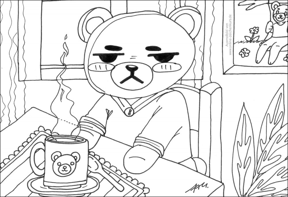  Braunbär mit genervtem Blick sitzt morgens mit Kaffeetasse am Tisch – lustiges Ausmalbild für Kinder und Erwachsene.
