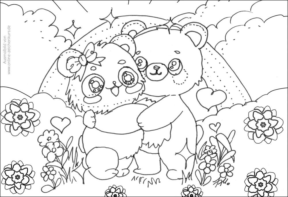  Panda und Braunbär umarmen sich vor einem Regenbogen inmitten von Blumen – süßes Ausmalbild für Kinder.