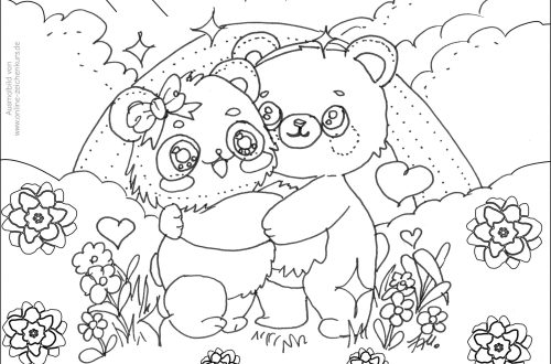 Panda und Braunbär umarmen sich vor einem Regenbogen inmitten von Blumen – süßes Ausmalbild für Kinder.