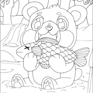 Braunbär sitzt im Fluss und frisst einen großen Fisch – naturbezogenes Ausmalbild für Kinder.