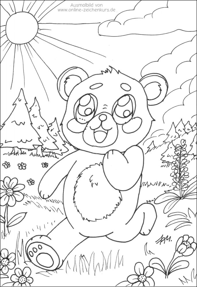 Fröhlicher Bär rennt über Wiese mit Blumen – niedliches Ausmalbild für Kinder.