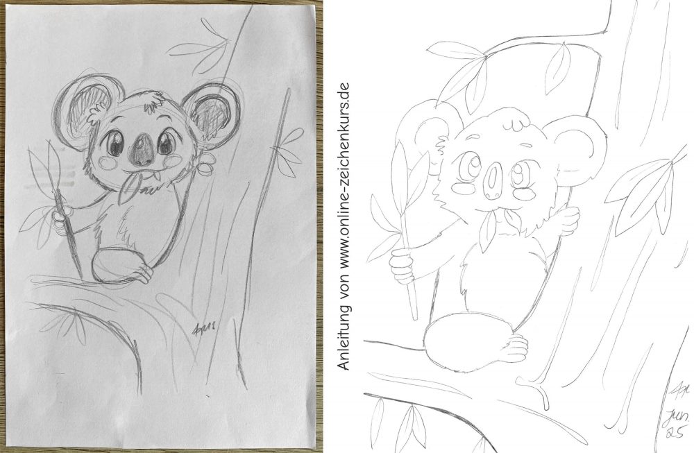 Bleistiftskizze und Fineliner-Zeichnung eines Koalas mit Eukalyptus auf einem Baum