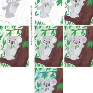 Sieben Schritte zur Kolorierung eines Koalas mit Eukalyptuszweig auf einem Baum, von der ersten Farbschicht bis zum fertigen Bild