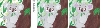Sieben Schritte zur Kolorierung eines Koalas mit Eukalyptuszweig auf einem Baum, von der ersten Farbschicht bis zum fertigen Bild
