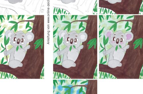 Sieben Schritte zur Kolorierung eines Koalas mit Eukalyptuszweig auf einem Baum, von der ersten Farbschicht bis zum fertigen Bild