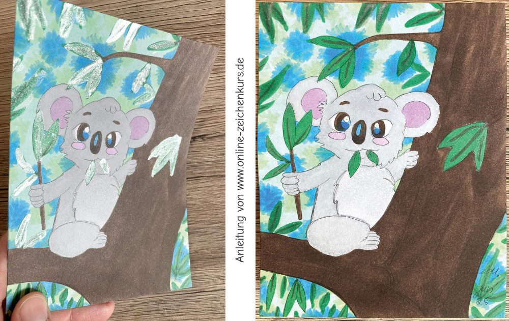  Koala auf dem Baum – fertig koloriert mit Schimmer