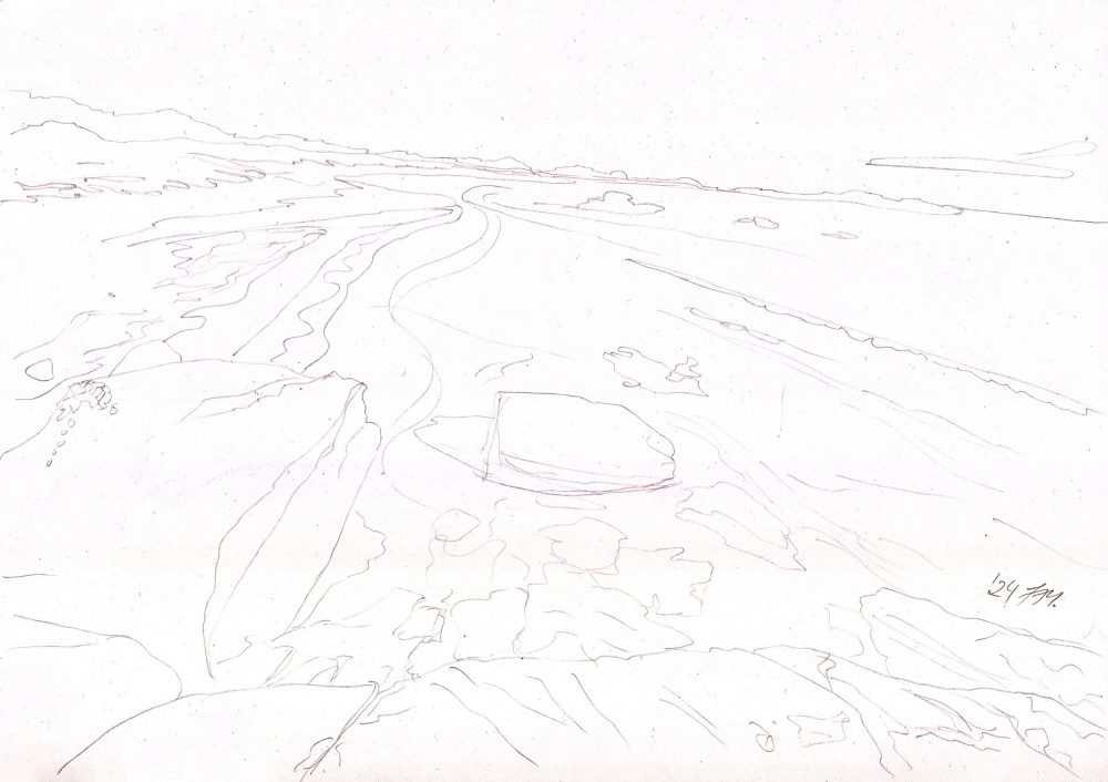 Bleistiftskizze eines Strandpanoramas in Norwegen mit Felsen und weiten Linien.