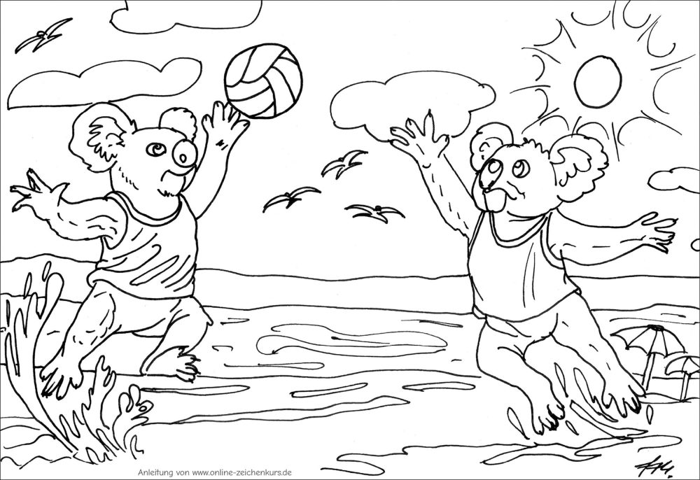 Zwei Koalas spielen Beachvolleyball im Wasser an einem sonnigen Strand, mit Möwen am Himmel und spritzenden Wellen