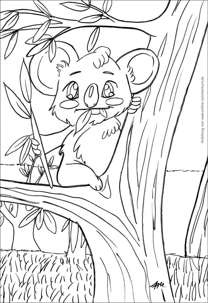 Ein Koala sitzt auf einem Baum und frisst Eukalyptusblätter, umgeben von Ästen, Blättern und Waldlandschaft