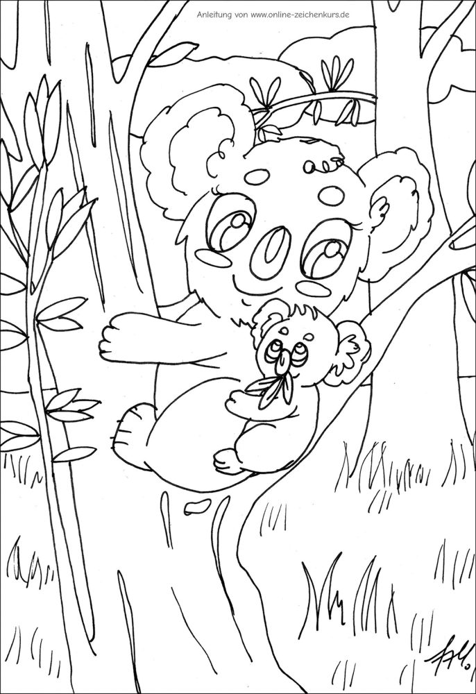 Eine Koala-Mama sitzt mit ihrem Baby auf einem Baum und hält sich fest, während das Baby an einem Eukalyptusblatt knabbert