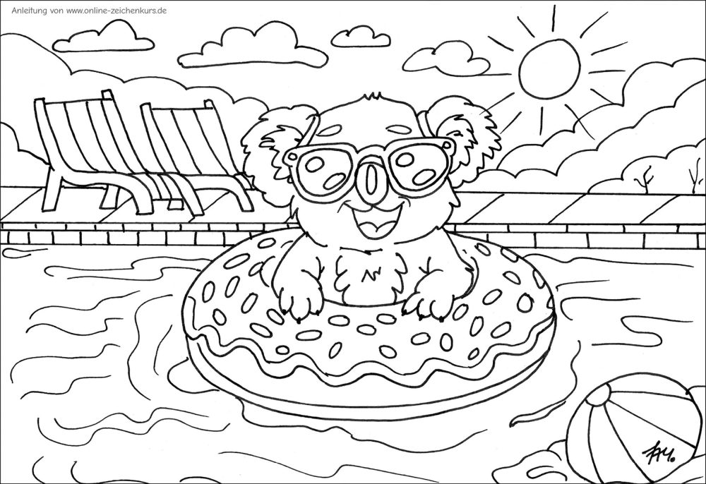 Ein Koala mit Sonnenbrille sitzt im Donutreifen im Pool, im Hintergrund Liegestühle und Sommersonne