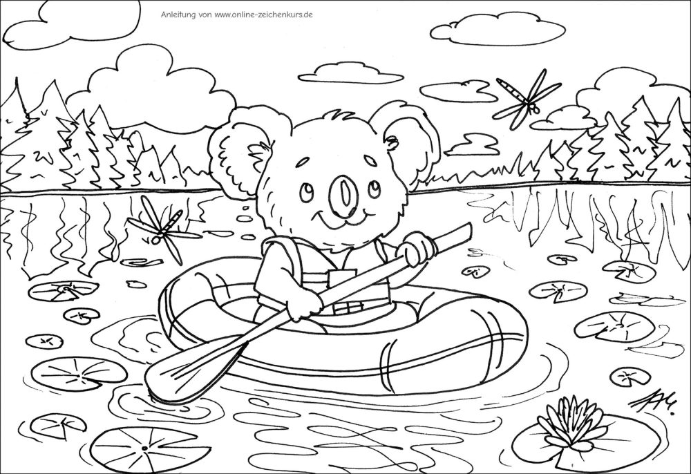 Ein Koala mit Schwimmweste paddelt in einem Schlauchboot über einen Fluss mit Seerosen, Libellen und Wald im Hintergrund