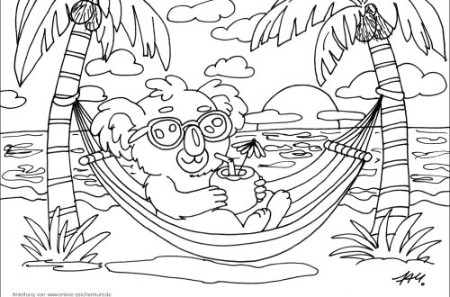 Ein Koala mit Sonnenbrille liegt in einer Hängematte zwischen Palmen und trinkt entspannt aus einer Kokosnuss am Strand bei Sonnenuntergang