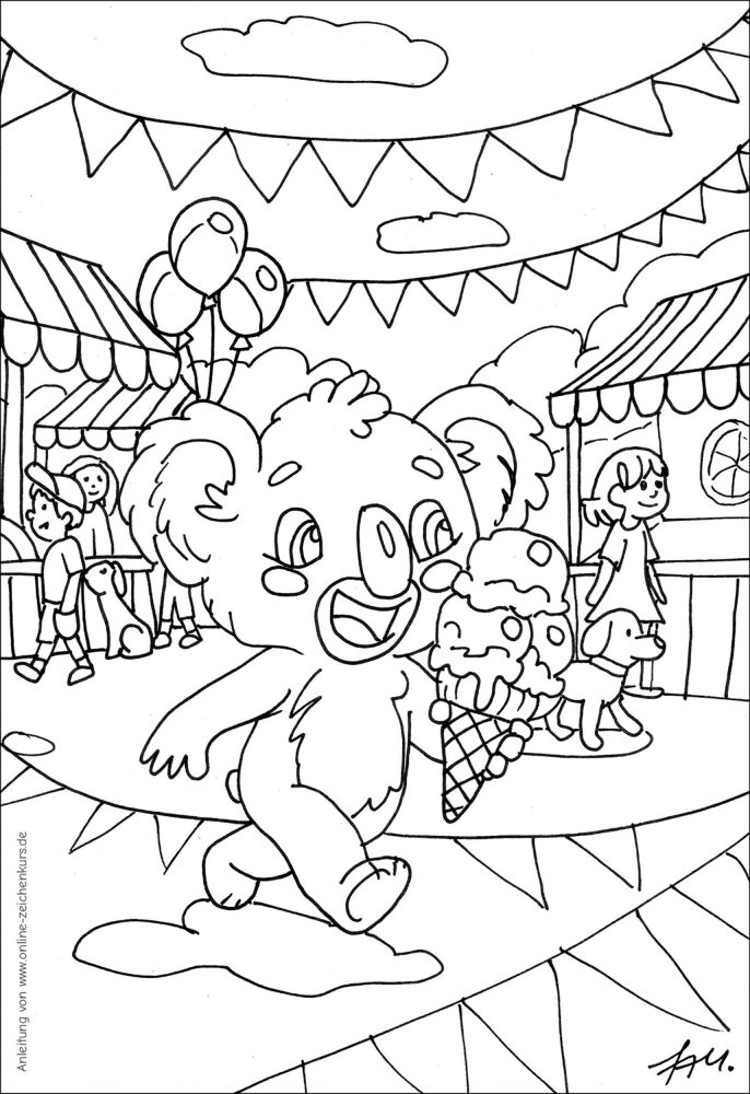 Ein lachender Koala mit einem großen Eis in der Hand spaziert über ein Volksfest mit Festständen, Girlanden, Kindern und Hunden