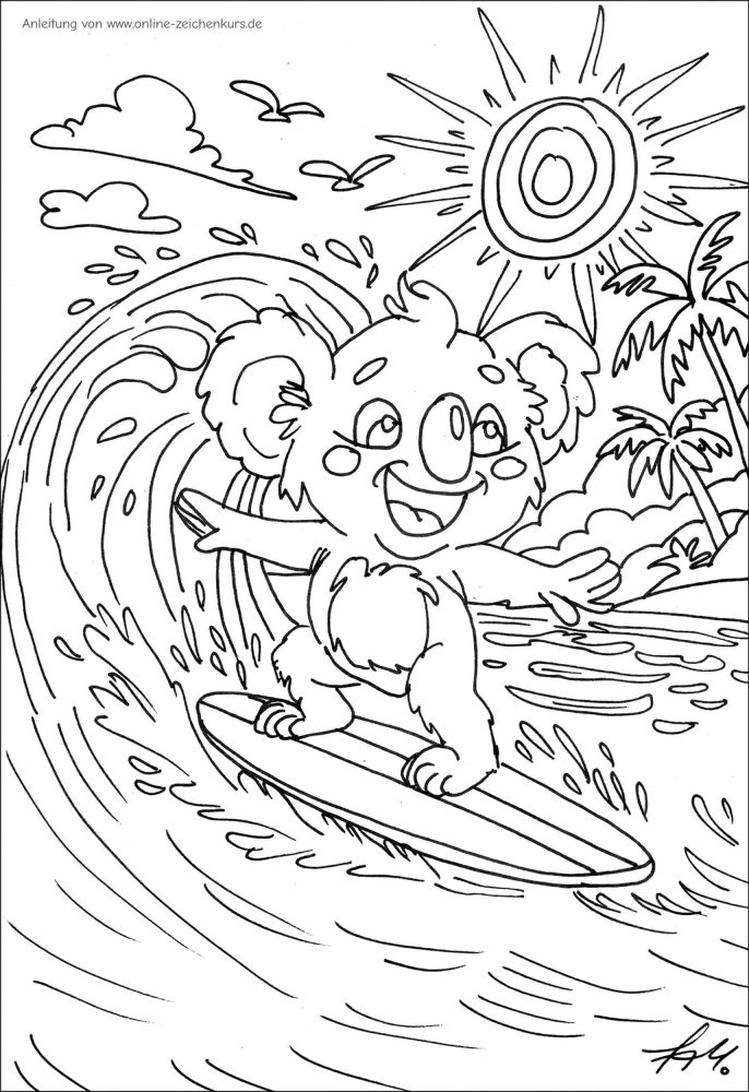 Ein Koala surft auf einer großen Welle, die Sonne scheint, Möwen fliegen und im Hintergrund stehen Palmen am Strand