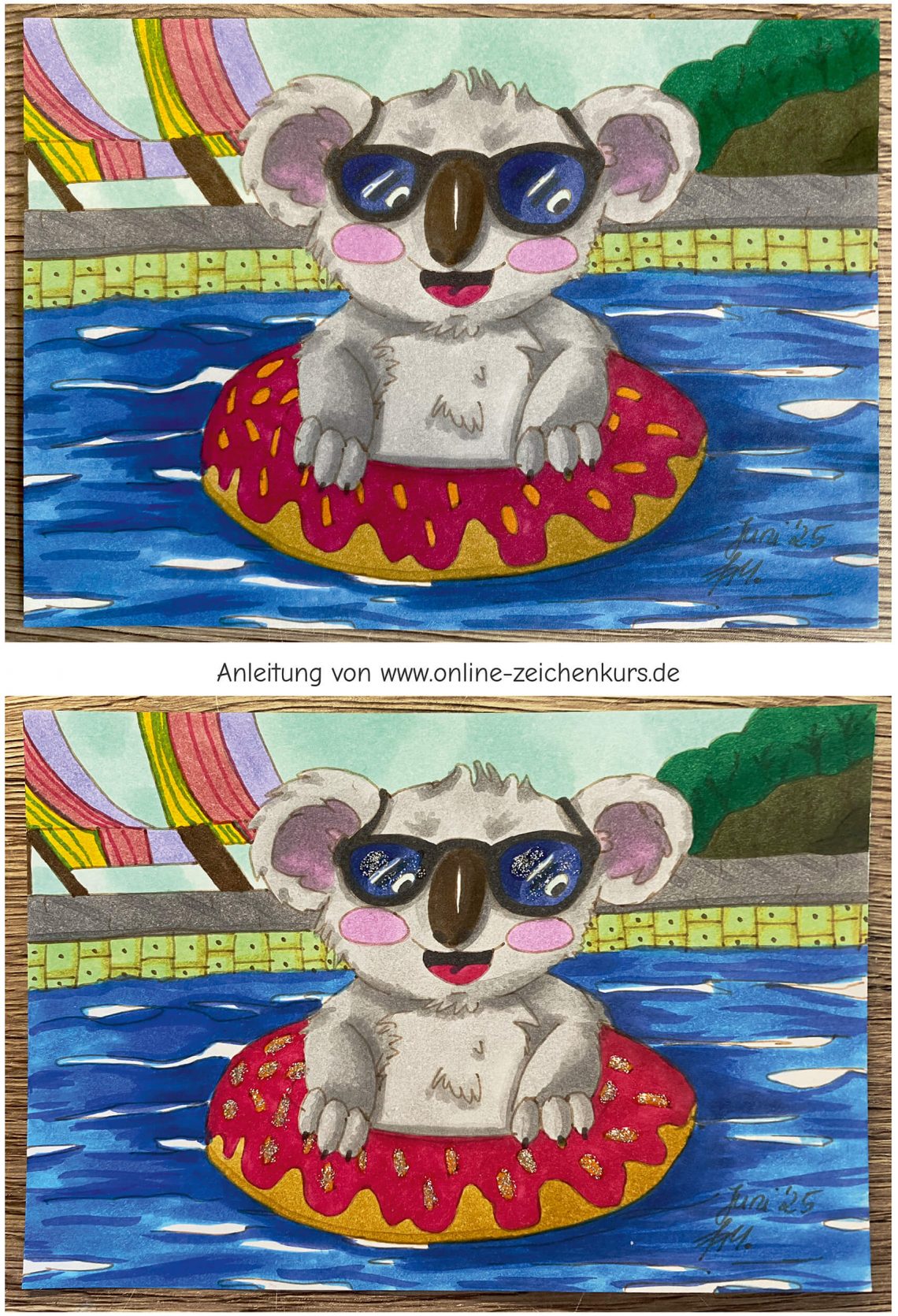 Zwei Versionen eines farbig gestalteten Ausmalbilds: Oben ein Koala im Donutreifen im Pool, unten die gleiche Szene mit Glitzereffekten auf Brille und Donut