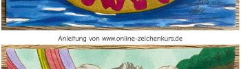 Zwei Versionen eines farbig gestalteten Ausmalbilds: Oben ein Koala im Donutreifen im Pool, unten die gleiche Szene mit Glitzereffekten auf Brille und Donut