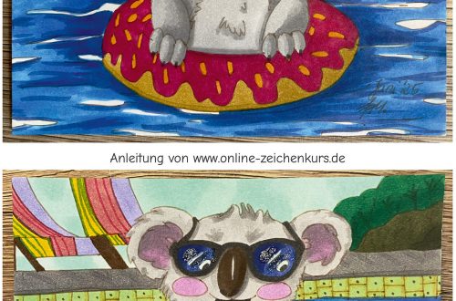 Zwei Versionen eines farbig gestalteten Ausmalbilds: Oben ein Koala im Donutreifen im Pool, unten die gleiche Szene mit Glitzereffekten auf Brille und Donut