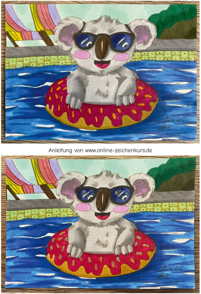 Zwei Versionen eines farbig gestalteten Ausmalbilds: Oben ein Koala im Donutreifen im Pool, unten die gleiche Szene mit Glitzereffekten auf Brille und Donut