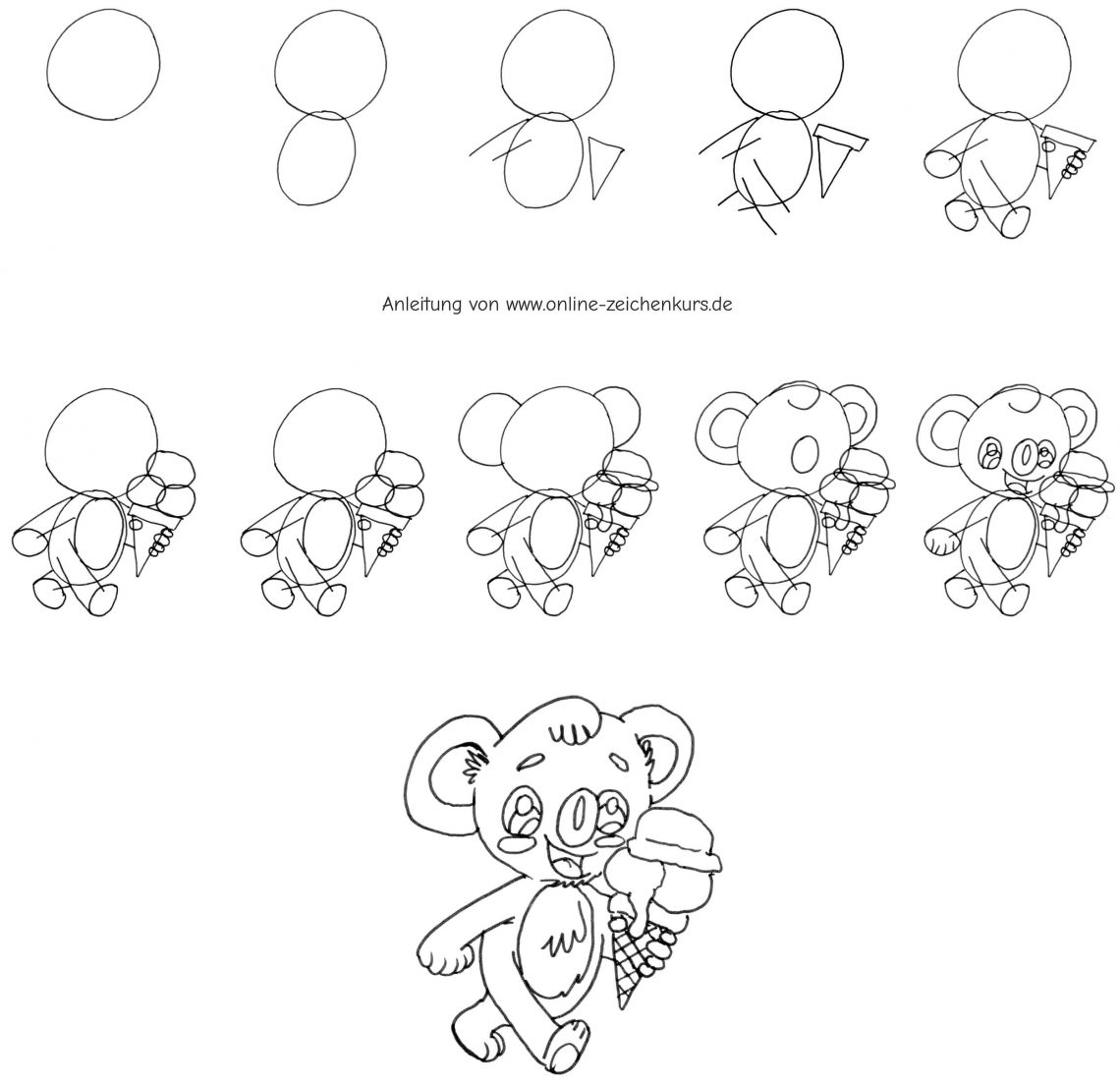 Schritt-für-Schritt-Zeichnung eines Koalas mit Eistüte – einfaches Tutorial für Kinder