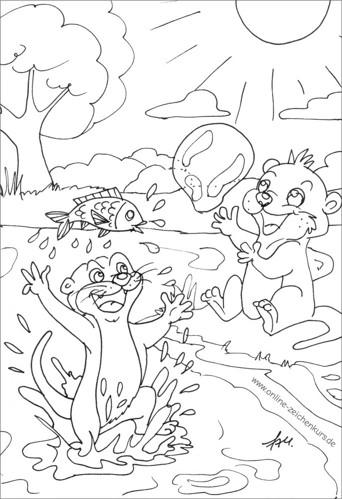Zwei Otter spielen lachend am Fluss