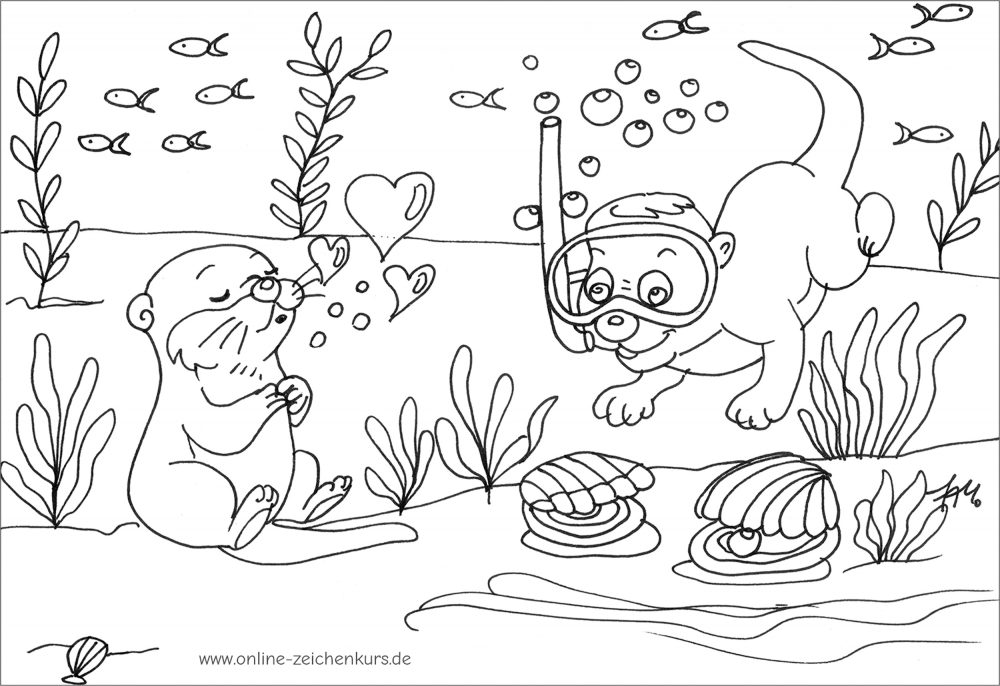Zwei Otter tauchen unter Wasser mit Fischen und Muscheln