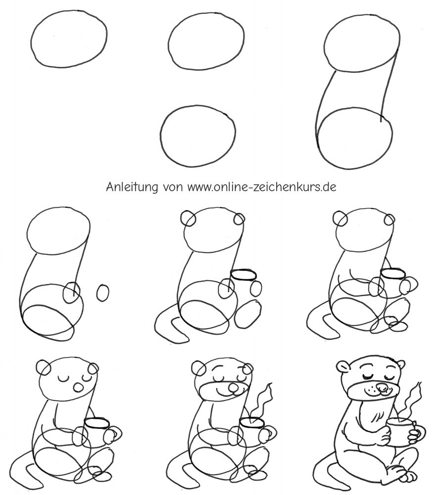 Schritt für Schritt Anleitung für einen sitzenden Otter, der eine dampfende Tasse hält, von einfachen Ovale bis zur fertigen Figur.