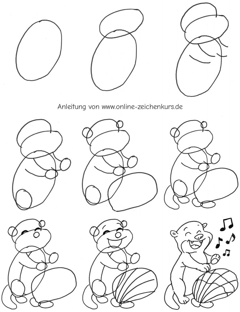 Zeichenschritte zu einem lachenden Otter, der auf einer großen Muscheltrommel spielt, mit Musiknoten im Abschlussbild.