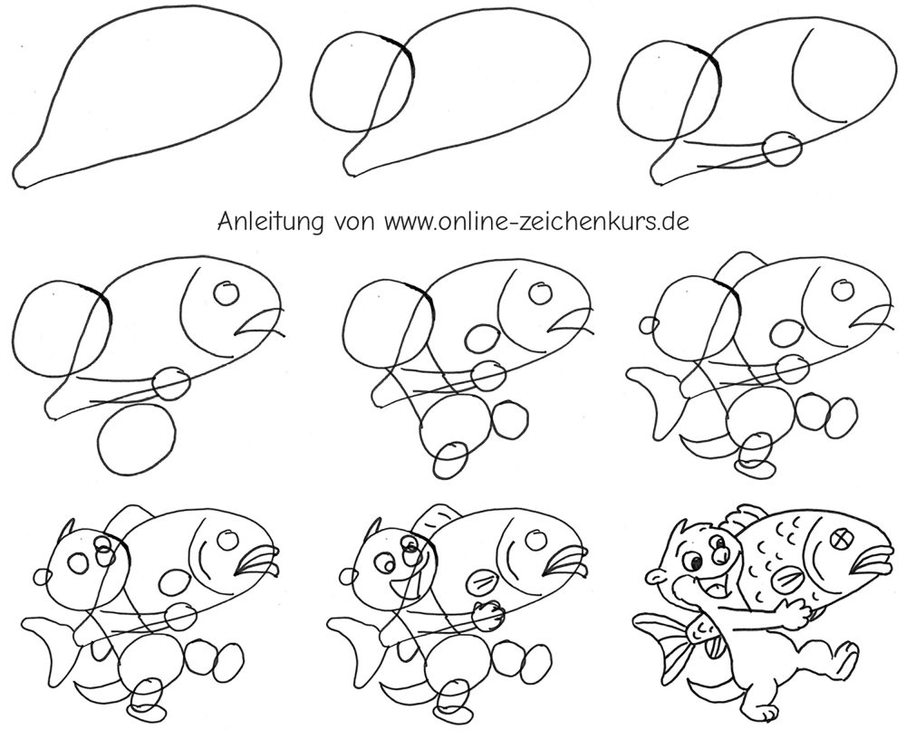 Schritte zum Zeichnen eines fröhlichen Otters, der einen großen Fisch mit Schuppen und Flossen trägt.