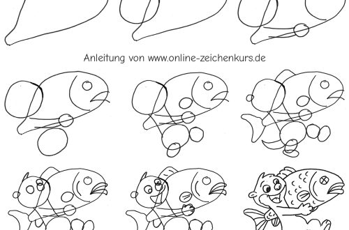 Schritte zum Zeichnen eines fröhlichen Otters, der einen großen Fisch mit Schuppen und Flossen trägt.