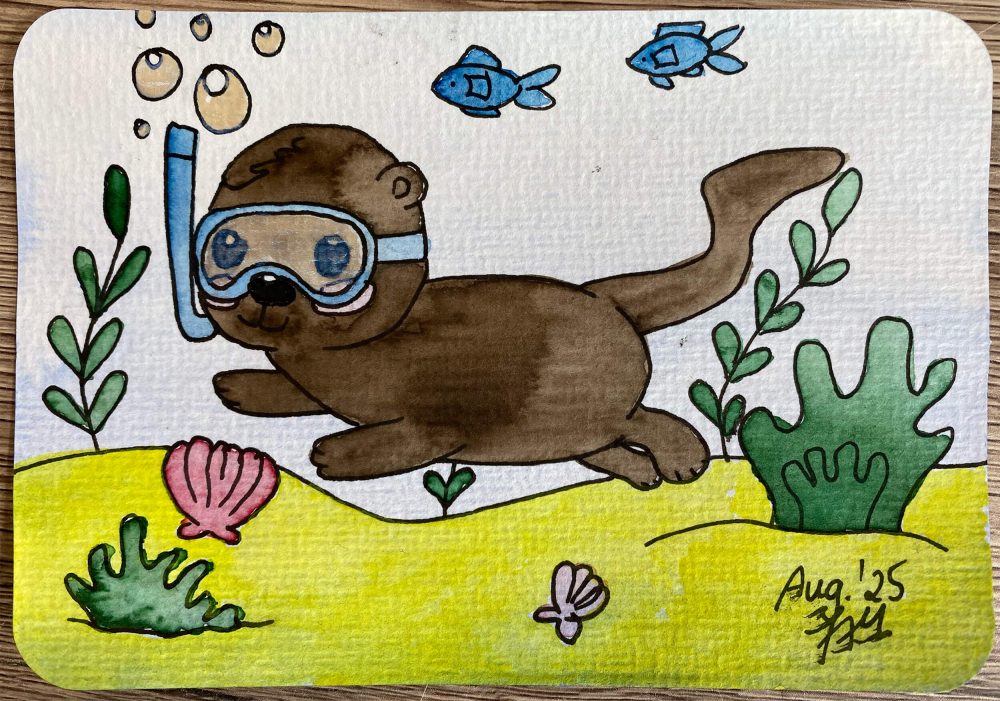 Otter Aquarell Postkarte – Schnorchelnder Otter im Comic-Stil