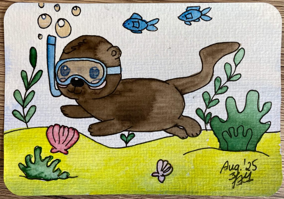 Otter Aquarell Postkarte – Schnorchelnder Otter im Comic-Stil