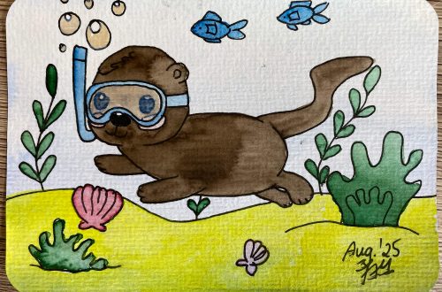 Otter Aquarell Postkarte – Schnorchelnder Otter im Comic-Stil