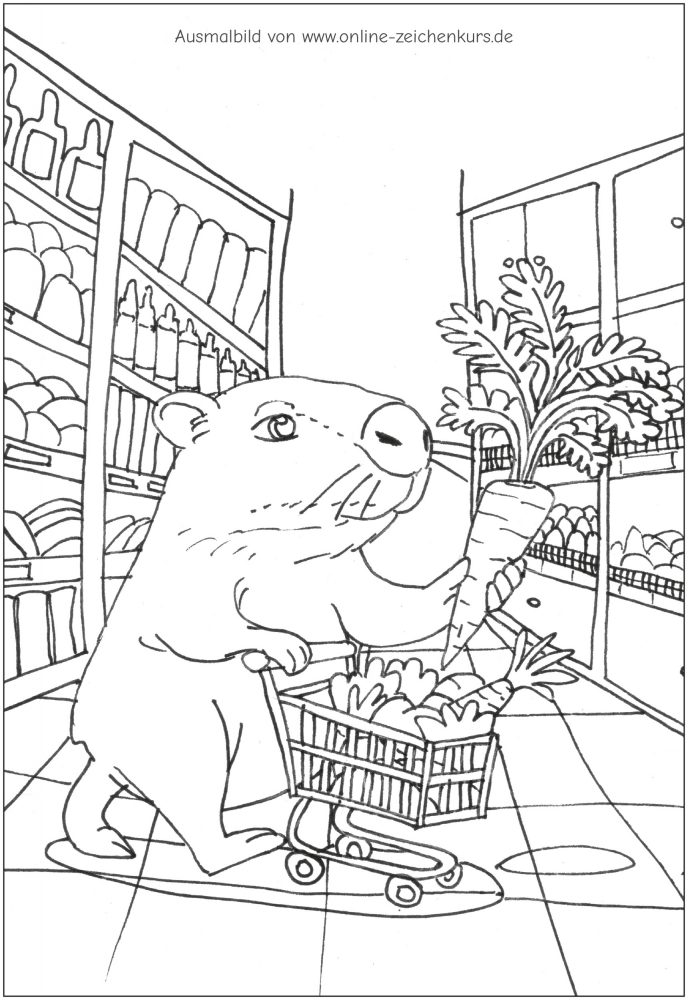 Capybara mit Einkaufswagen voller Karotten im Supermarkt